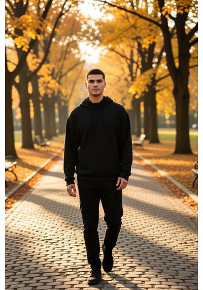 Benerly Erkek Kapüşonlu Düşük Kol Uzun Kollu Oversize Kalıp Sweatshirt Fo siyah