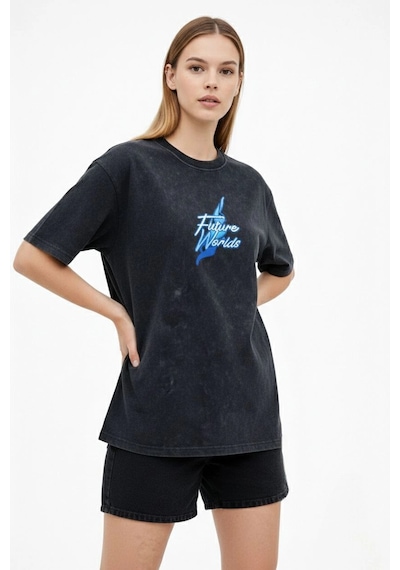 Primemagazam Kadın Asit Yıkamalı Oversize Tişört Bisiklet Yaka Kısa Kol T-shirt - Siyah Çeşitli
