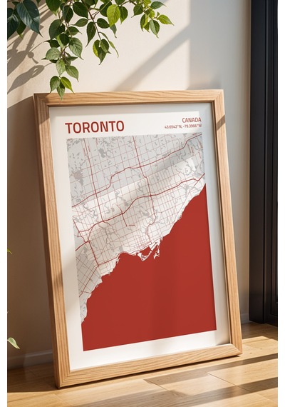 Toronto Kanada Canada Haritası Çerçeveli Tablo Lüks Salon Ofis Duvar Dekorasyonu Hediyelik Tablo Kayın