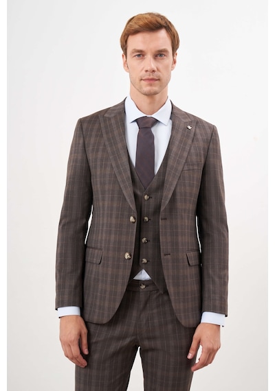 Morven Erkek Kahve Poliviskon Trend Yelekli Ekoseli Slim Fit Sivri Yaka Takım Elbise 24mc001130400 Kahve