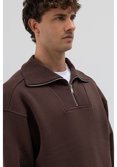 Vamos Basic Fermuarlı Dik Yaka Sweatshirt Kahve