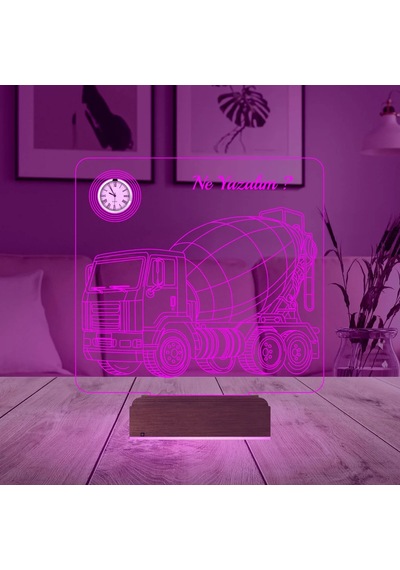 Luvivia Kamyon Beton Mikseri İnşaat Kişiye Özel Metal Saatli 3d Lamba - Masa Gece Lambası Şeffaf