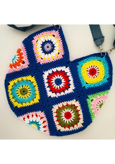 Newdaycraft El Örgüsü Tığ İşi Bohem Kare Motif Renkli Tote Çanta Çok renkli