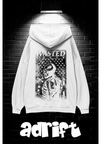 Startmore Unisex Oversize Kapüşonlu Kanguru Cepli Wasted Baskılı Sweatshirt Hoodie Beyaz Beyaz