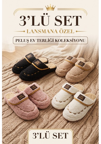 Stwenn 3 Lü Avantajlı Paket Kışlık Peluş Desenli Sessiz Ortopedik Taban Çeyiz Misafir Ev Terliği Set 3 Lü Linda