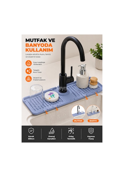 Silikon Lavabo Musluk Altı Matı Drenaj Kanallı Tezgah Koruyucu Ve Düzenleyici Mutfak & Banyo Lavabo Matı Çok Renkli