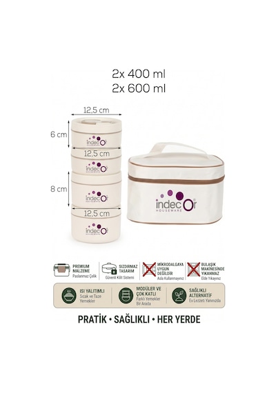 Isı Yalıtımlı Çantalı 4 Parça Vakumlu Lunch Box Yemek Termosu Beslenme Kutusu Sefer Tası Krem