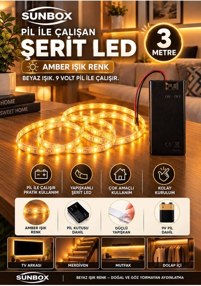 Pilli Led Şerit 3 Metre Amber Butonlu- Yapışkanlı Kablosuz Dekoratif Aydınlatma - Pil Hediyedir Amber Amber