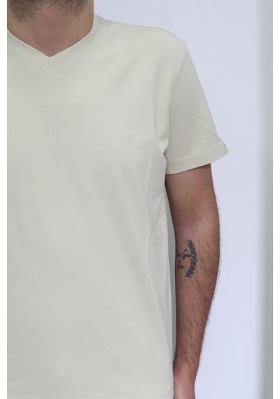 Santa Dmctekstil Erkek Düz Spor Kesim Kalıbı Rahat V Yaka T-shirt Krem