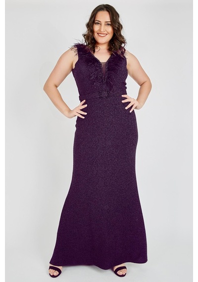 Ladies First Büyük Beden 3472 Patlıcan Moru Uzun Abiye Elbise 001