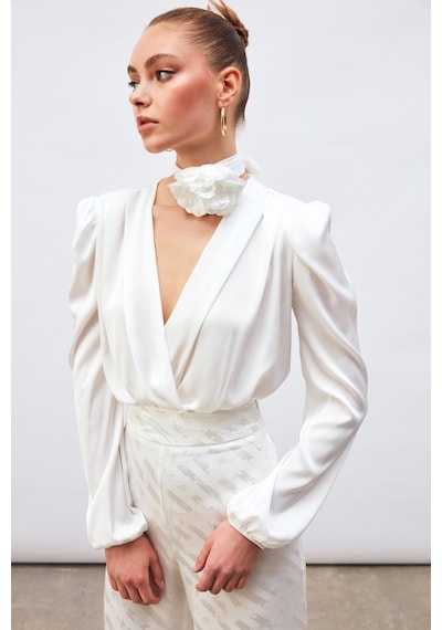 Sateen Kruvaze Saten Bodysuit Bluz - Ekru