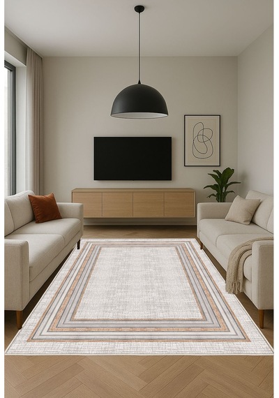STY Home Krem Dijital Baskı Salon Halısı Kaymaz Tabanlı Yıkanabilir Halı Yolluk 515 Krem