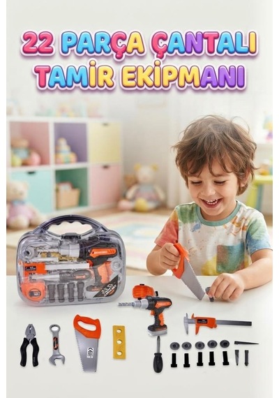 22 Parça Çantalı Çocuk Tamir Ekipmanı Seti - Eğitici Çantalı Pilli Tamir Oyuncak Seti