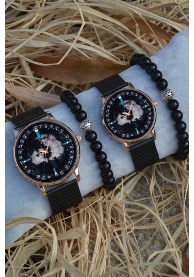 Siyah Rose Gold Hasır Çift Dünya Haritası Saat Ve Bileklik Çift Sevgili Saatleri