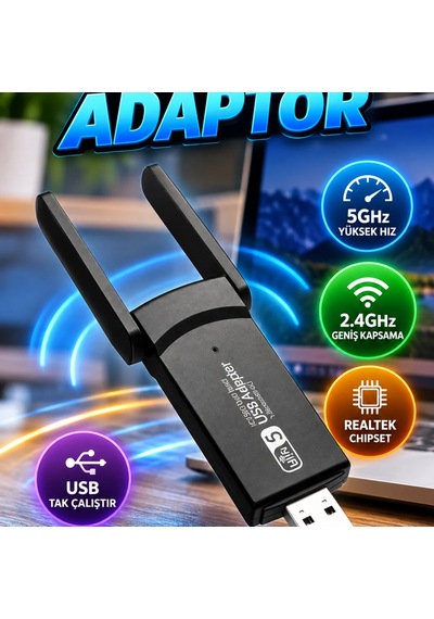 Realtek Chipsetli Dual Band 5g Destekli Yüksek Hızlı Usb Wifi Ağ Adaptörü