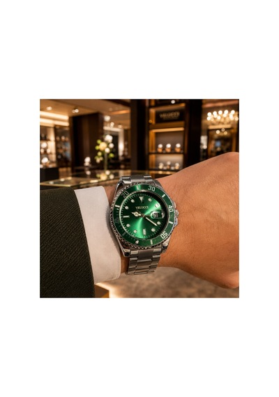Velucci Aygök Çelik Kordon Erkek Kol Saati Yeşil Kadran Döner Bezel Dalış Analog Gümüş