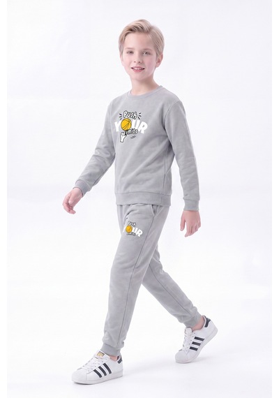 Panios Kids 3 İplik Baskılı Erkek Çocuk Çift Cepli Bisiklet Yaka 2'li Eşofman Takımı 4 Parça Gri-siyah