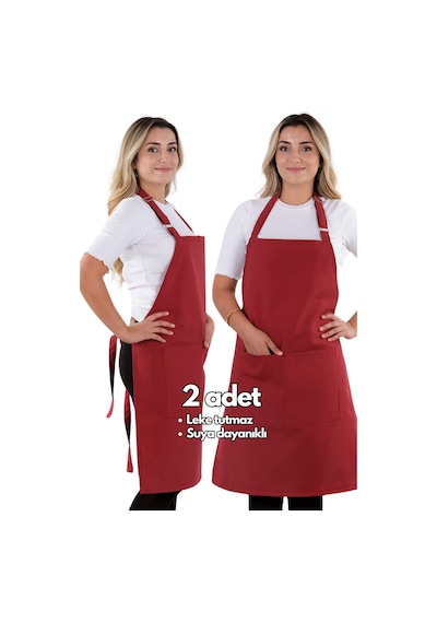 2 Adet Simple Ayarlanabilir Askılı Mutfak Önlüğü Vişne