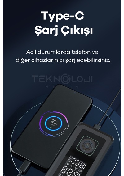 Taşınabilir Araç Pompası 10.000mah Akü Şarj Eden Otokompresör Elfeneri Powerbank Çanta  3in1