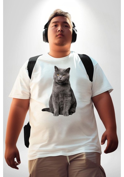 Angemiel British Shorthair Kedi Beyaz Büyük Beden Kadın Erkek Ünisex Basic Ön Baskılı Tişört Beyaz