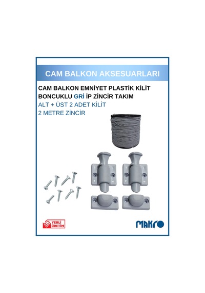 Gri Cam Balkon Kilidi Emniyet Plastik Tombul Kilit Boncuklu Gri İp Zincir Takım Seti