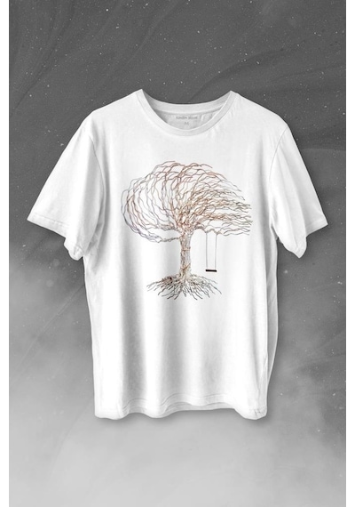 Hayat Ağacındaki Kırmızı Salincak Kuru Ağaç Baskılı Tişört Unisex T-shirt 001