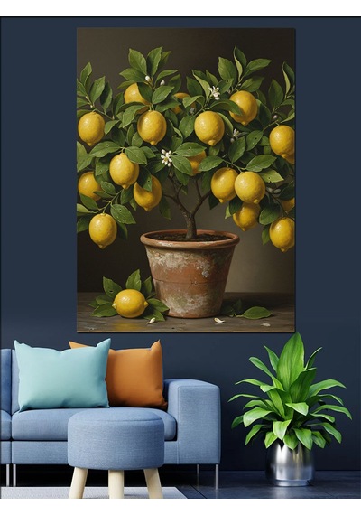 Ahşap Tablo Limon Ağacı Saksı Meyveler