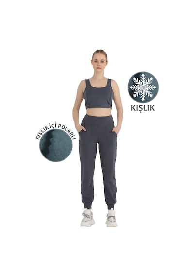Kadın Antrasit Polarlı Kışlık Eşofman Altı Jogger Yüksek Bel Şardonlu Dalgıç 1062 Antrasit