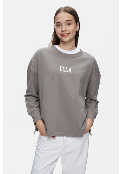 Ucla Olvera Gri Bisiklet Yaka Nakışlı Loose Fit Kadın Sweatshirt Gri