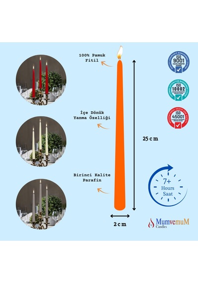4 Lu Turuncu Konik Şamdan Mum Turuncu