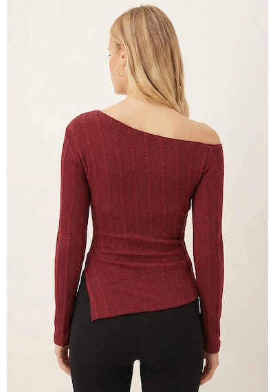 Armonika Kadın Bordo Asimetrik Yaka Yandan Yırtmaçlı Bluz Arm-26k001066