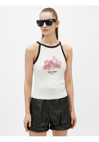 Koton Baskılı Atlet Halter Yaka Şerit Detaylı Fitilli Tanktop Kırık Beyaz 1yal38062ık Ekru