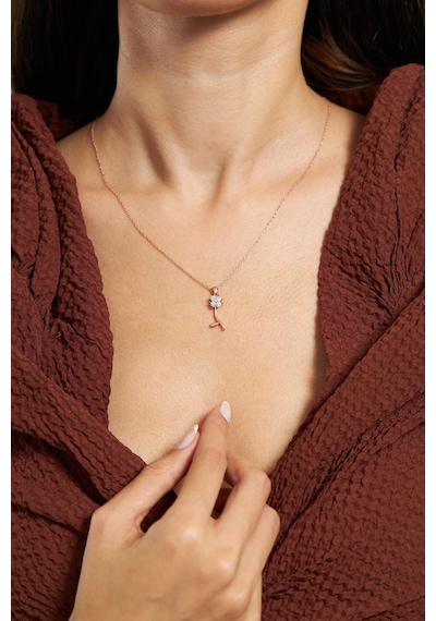 Zirkon Taşlı Rose Minimal Yonca Gümüş Kolye Altın