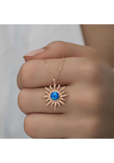 925 Ayar Gümüş Rose Mi Opal Taşlı Güneş Kadın Kolye