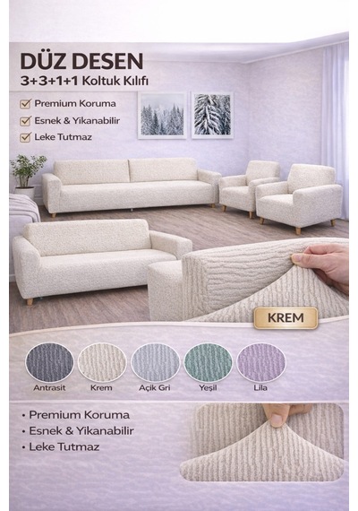 Jakarli 3+3+1+1 Lastikli Koltuk Kılıfı Esnek, Leke Tutmaz, Krem - 815954100 Krem