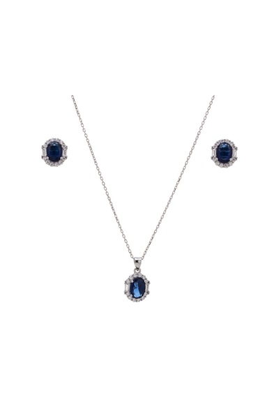 5-8 Mm Lacivert Oval Zirkon Taşlı 925 Ayar Gümüş Kadın 2'li Set Gümüş