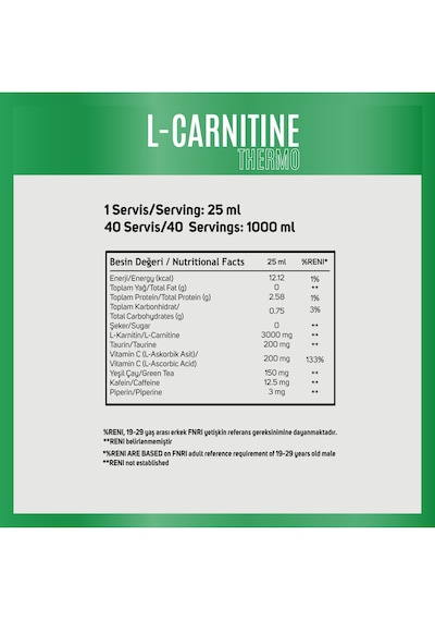 L-carnitine Thermo - Yeşil Elma Aromalı - 3000 Mg L-karnitin - 1000 Ml - 40 Servis