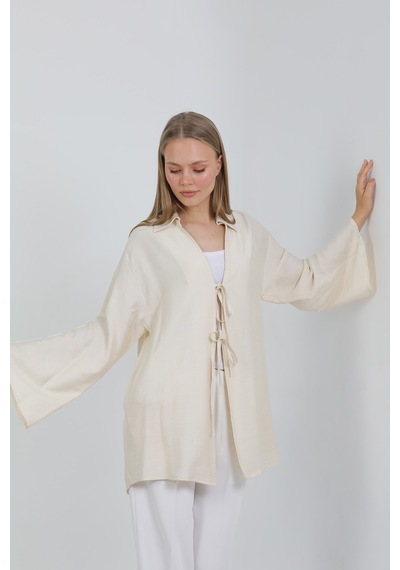 Doğal Viskon Kumaş Cepli Bağcıklı Kadın Kimono 1167 Hafif, Dökümlü, Akışkan, Yazlık Model Krem