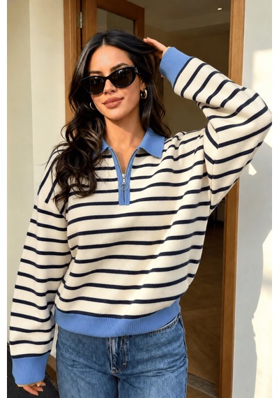 Genius Store Kadın Çizgili Yarım Fermuarlı Polo Yaka Oversize Triko Kazak Yarımfer-triko Mavi