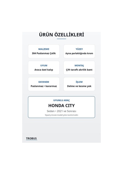 Honda City 2021 Ve Sonrası Uyumlu Krom Bagaj Çıtası Paslanmaz Çelik