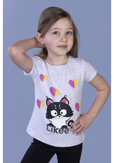 Toontoy Kids Toontoy Kız Çocuk Baskılı Bisiklet Yaka Kısa Kollu Tişört Gri Melanj