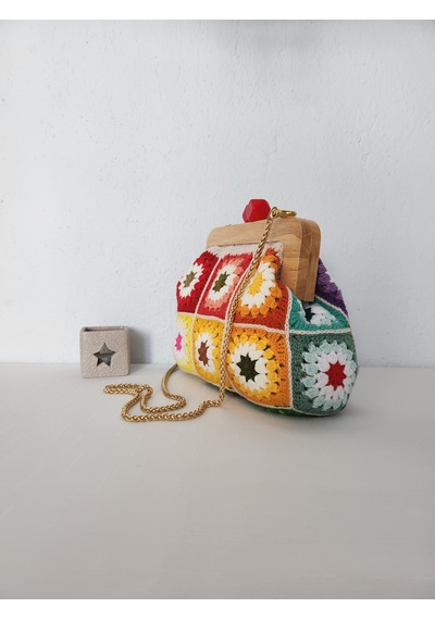 Fikriharika Design Gökkuşağı Motifli ,ahşap Burslu, Kadın El Çantası, Çok Renkli Bej - Çok Renkli