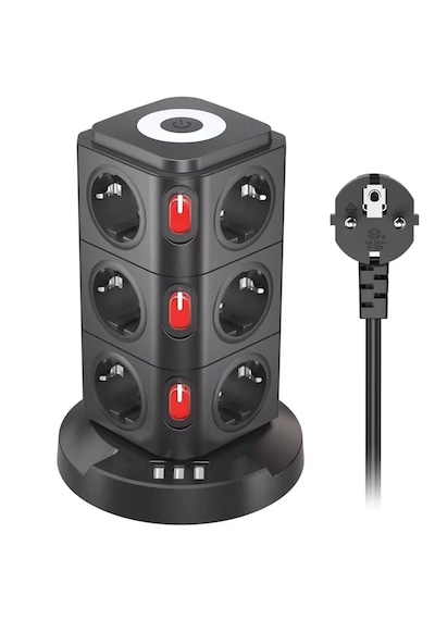 Kule Tipi 12 Li Çoklu Priz 3 Usb Hızlı Şarj Anahtarlı Akım Korumalı Masa Üstü Tower Priz 2 m