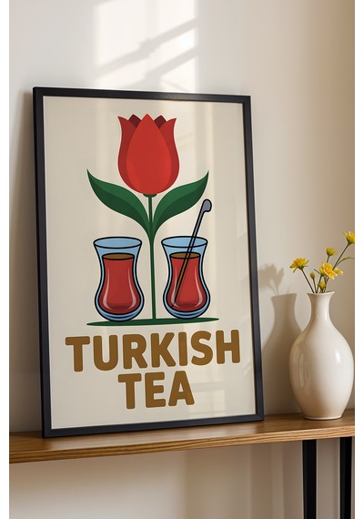 Türk Çayı Tablo - İnce Belli Bardak Retro Mutfak Posteri - Geleneksel İçecek Duvar Dekoru Siyah