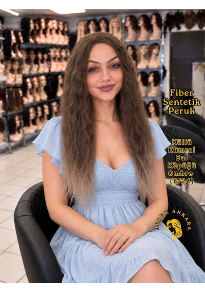 Afro Dalgası Peruk Fiber Sentetik Açık Küllü Kumral Bal Köpüğü Ombre