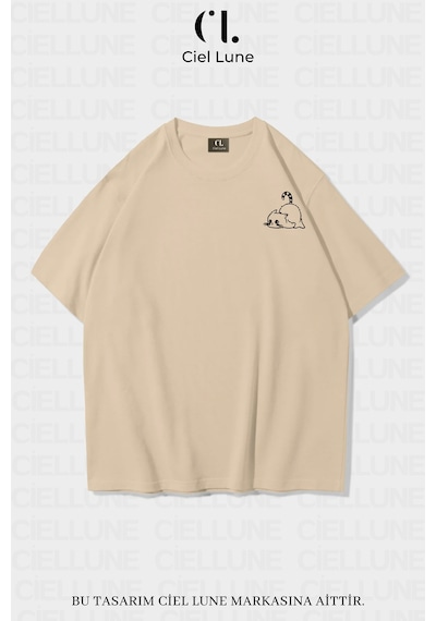 Nevermind Unisex Kadın Erkek Minimalist Cat Baskılı Özel Tasarım Oversize T Bej
