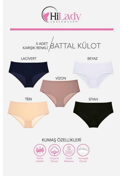 Kadın Külot, Orta Yüksek Bel Büyük Beden Külot 4xl-5xl-6xl 5 Adet, Yumuşak Pamuklu Rahat Kumaş Siyah - Vizon - Ten Rengi