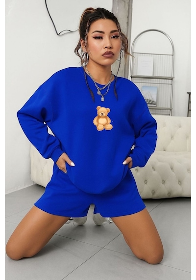 Benroma 3 İplik Penye Ayıcık Baskılı Unisex Sweatshırt Saks Mavisi