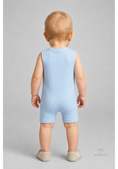 Babyden's Erkek Bebek Yazlık Ayıcık Baskılı Fitilli Tulum %100 Pamuk Kolsuz Şort Tulum Yenidoğan Bebek Romper 0-9 Ay Mavi
