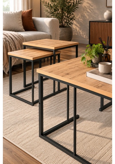 Sulorahome Kahverengi Çam Desenli 3'lü Sehpa Seti Atlantik Çam